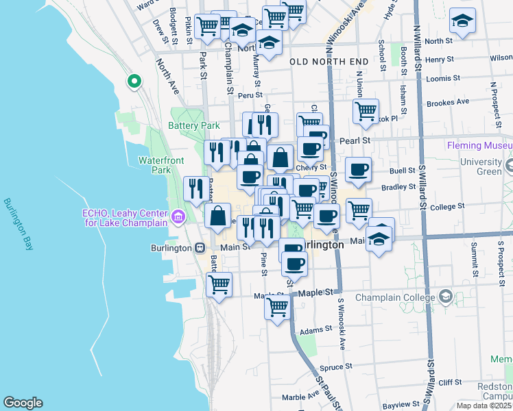 map of restaurants, bars, coffee shops, grocery stores, and more near 2 Burlington Square in Burlington