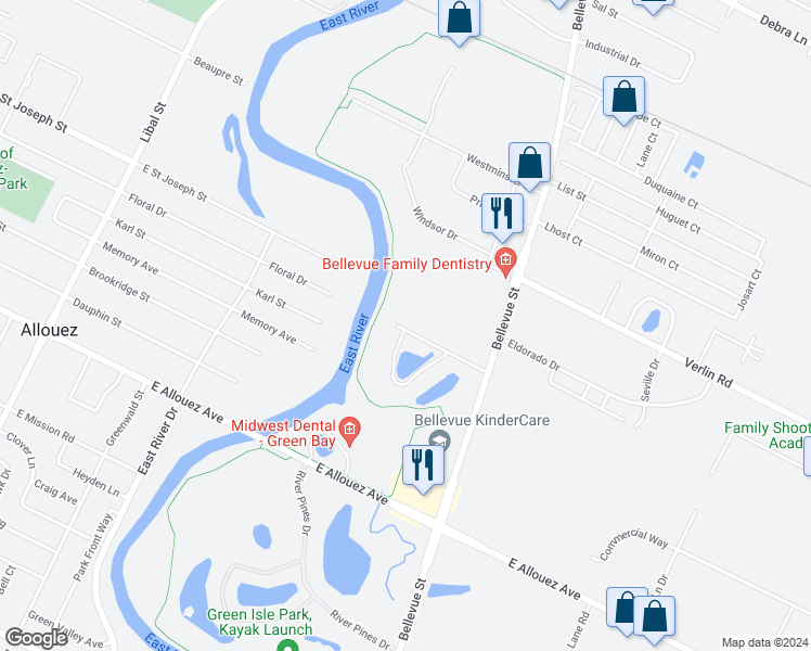 map of restaurants, bars, coffee shops, grocery stores, and more near 1641 River Bend Terrace in Green Bay