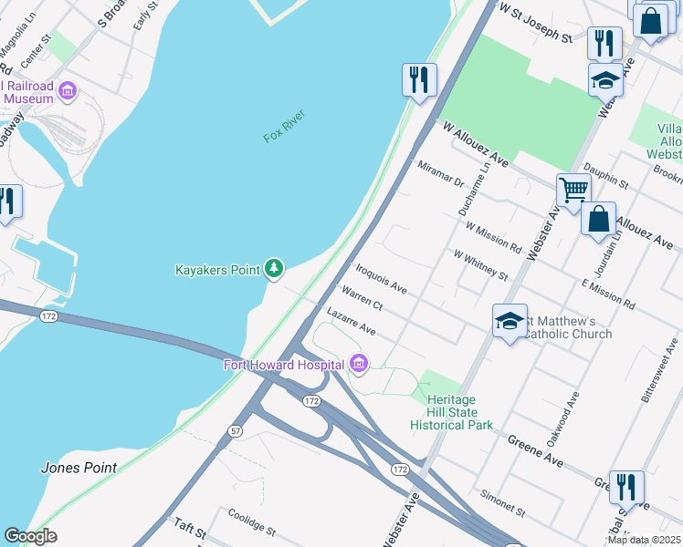 map of restaurants, bars, coffee shops, grocery stores, and more near 2564 Riverside Drive in Allouez