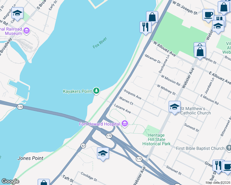map of restaurants, bars, coffee shops, grocery stores, and more near 2564 Riverside Drive in Allouez