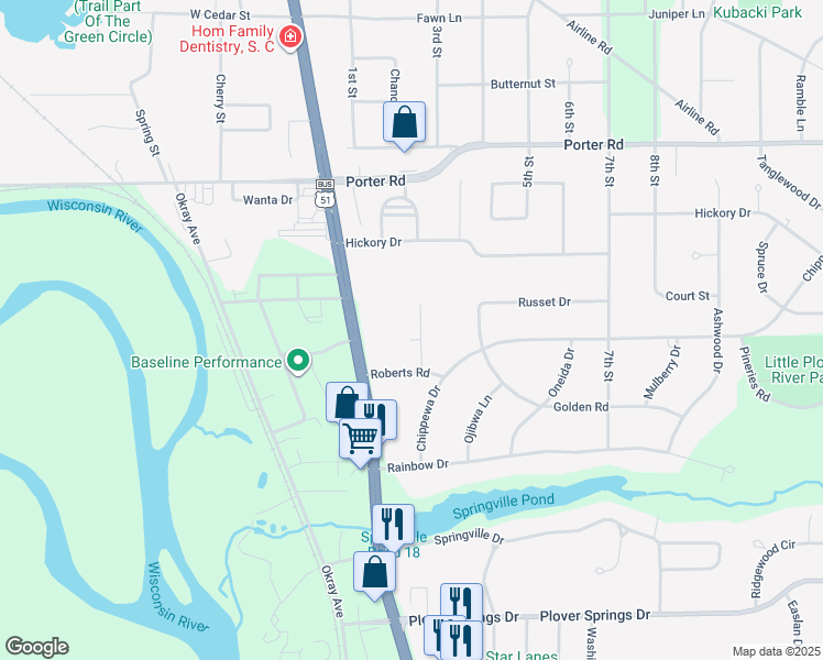 map of restaurants, bars, coffee shops, grocery stores, and more near 1321 Fox Lane in Plover