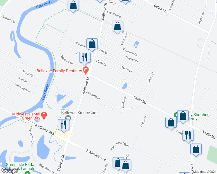 map of restaurants, bars, coffee shops, grocery stores, and more near 1778 Verlin Rd in Green Bay