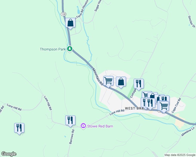 map of restaurants, bars, coffee shops, grocery stores, and more near 2399 Mountain Road in Stowe