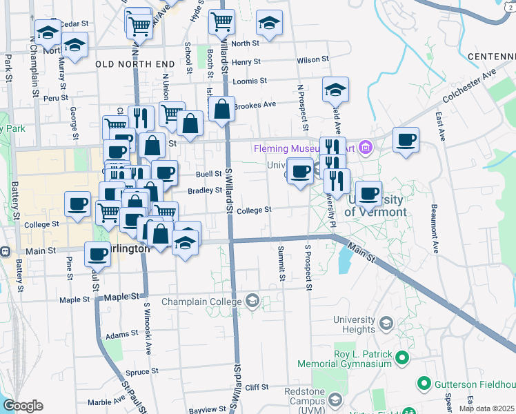 map of restaurants, bars, coffee shops, grocery stores, and more near 376 College Street in Burlington