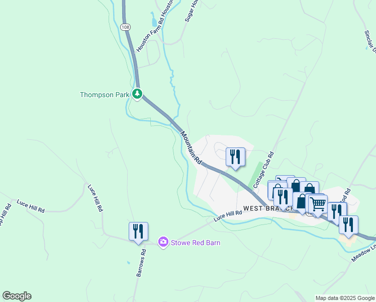 map of restaurants, bars, coffee shops, grocery stores, and more near 2399 Mountain Road in Stowe