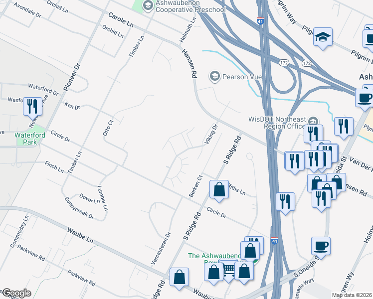 map of restaurants, bars, coffee shops, grocery stores, and more near 2774 Viking Drive in Green Bay