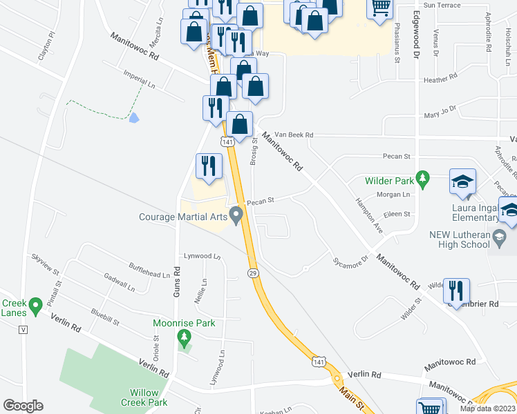 map of restaurants, bars, coffee shops, grocery stores, and more near 2306 Pecan Street in Green Bay