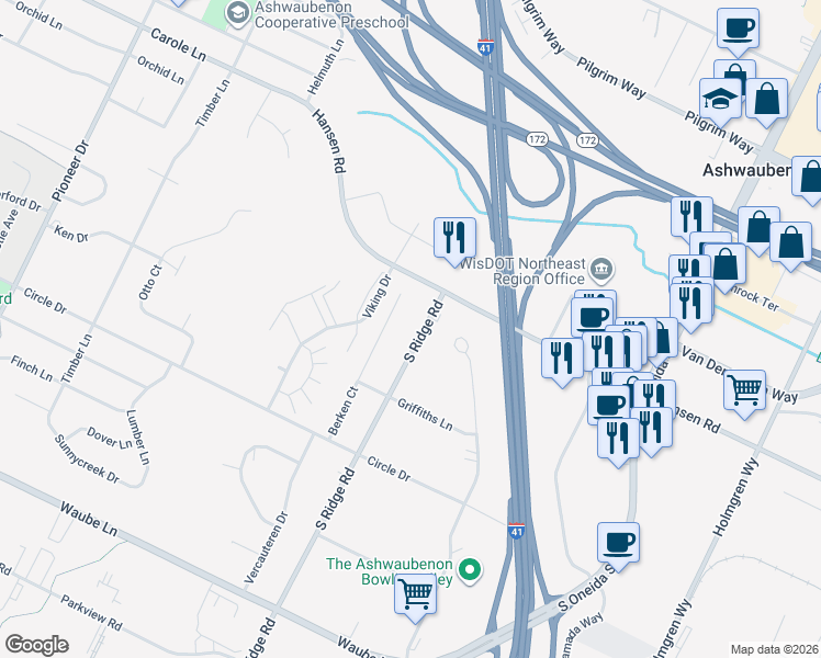 map of restaurants, bars, coffee shops, grocery stores, and more near 2750 South Ridge Road in Green Bay