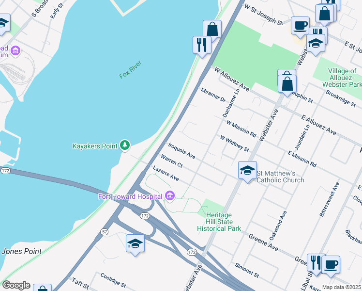 map of restaurants, bars, coffee shops, grocery stores, and more near 332 Iroquois Avenue in Green Bay