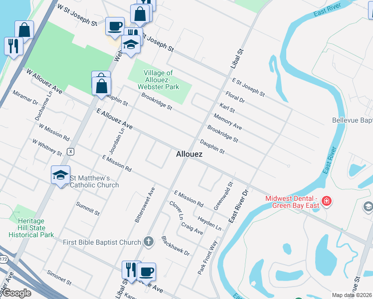 map of restaurants, bars, coffee shops, grocery stores, and more near 2228 Libal Street in Green Bay