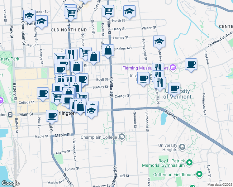 map of restaurants, bars, coffee shops, grocery stores, and more near 376 College Street in Burlington