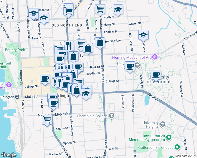 map of restaurants, bars, coffee shops, grocery stores, and more near 93 South Willard Street in Burlington