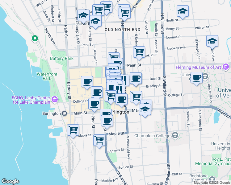 map of restaurants, bars, coffee shops, grocery stores, and more near 189 Bank Street in Burlington