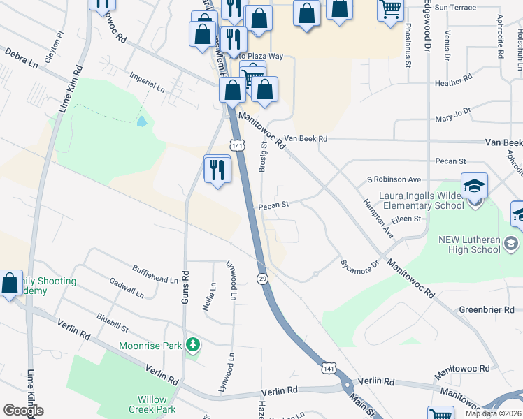 map of restaurants, bars, coffee shops, grocery stores, and more near 1281 Brosig Street in Green Bay