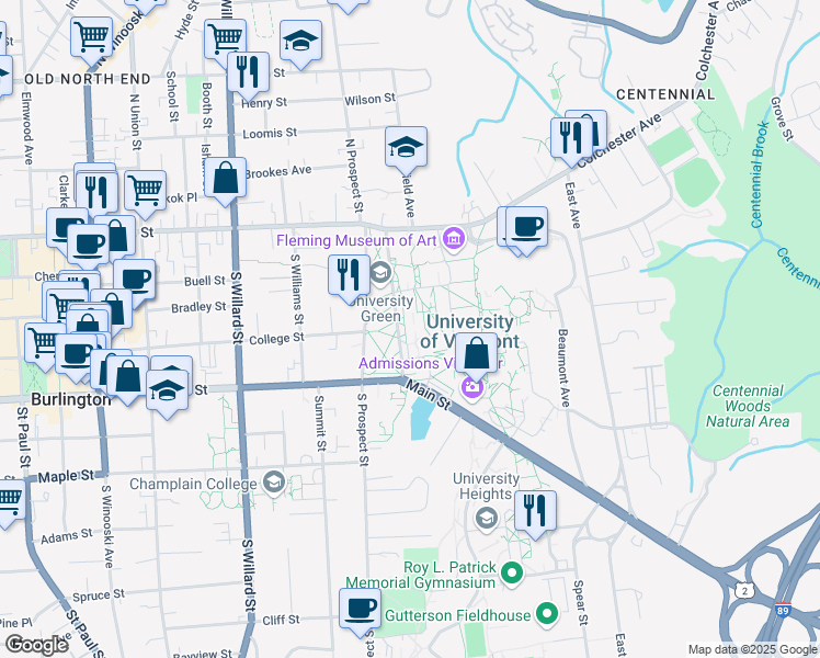 map of restaurants, bars, coffee shops, grocery stores, and more near 94 University Place in Burlington