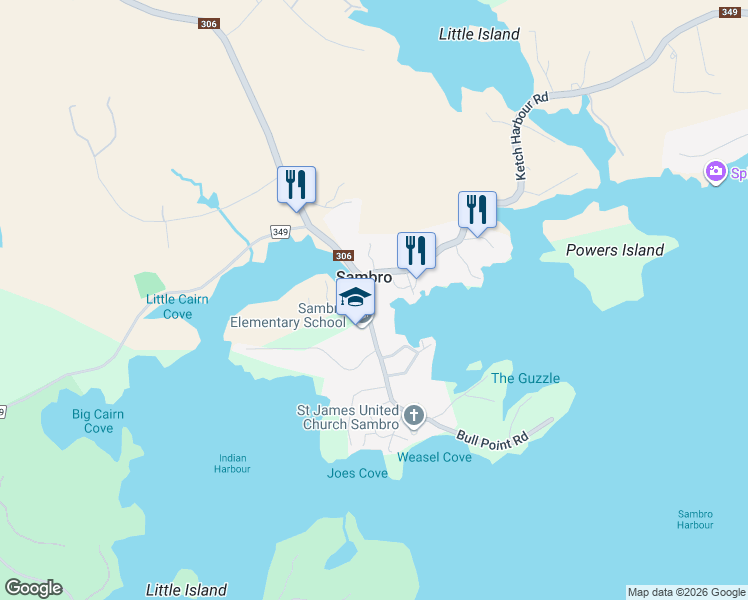 map of restaurants, bars, coffee shops, grocery stores, and more near 3710 Old Sambro Road in Sambro