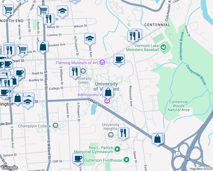 map of restaurants, bars, coffee shops, grocery stores, and more near 538 Main Street in Burlington