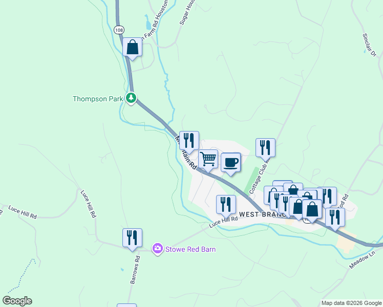 map of restaurants, bars, coffee shops, grocery stores, and more near 2364 Mountain Road in Stowe