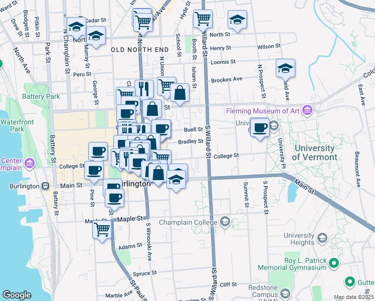 map of restaurants, bars, coffee shops, grocery stores, and more near 87 Hungerford Terrace in Burlington