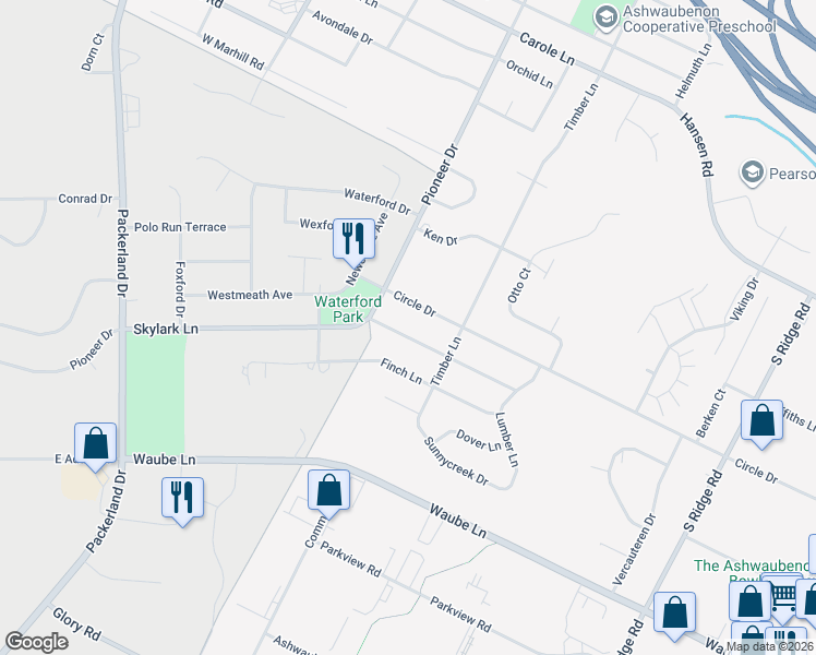 map of restaurants, bars, coffee shops, grocery stores, and more near 1352 Skylark Lane in Green Bay