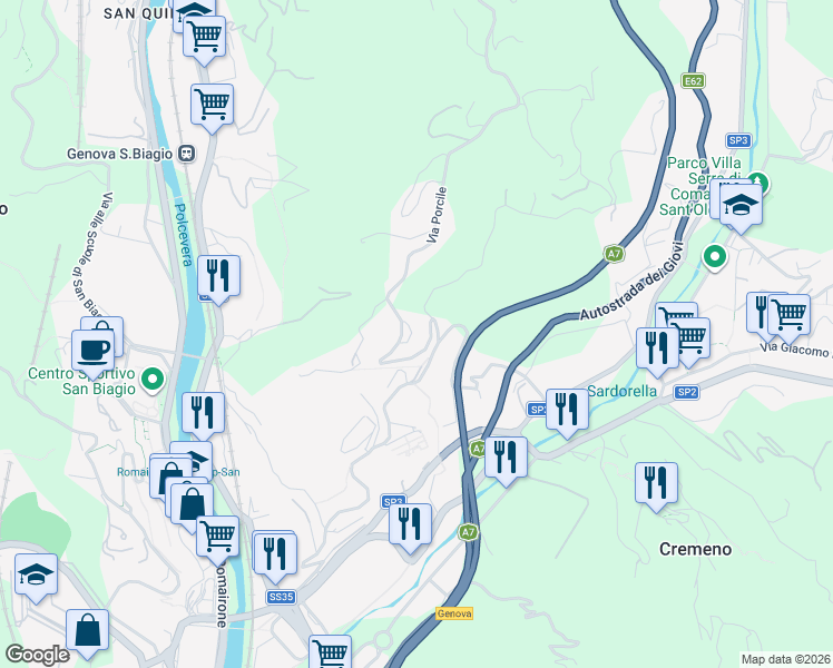 map of restaurants, bars, coffee shops, grocery stores, and more near 1S Via Porcile in Città Metropolitana di Genova