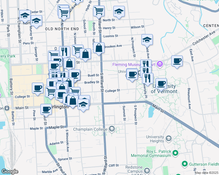 map of restaurants, bars, coffee shops, grocery stores, and more near 376 College Street in Burlington