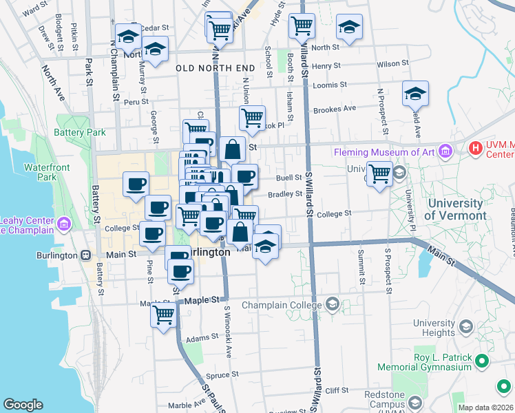 map of restaurants, bars, coffee shops, grocery stores, and more near 96 South Union Street in Burlington