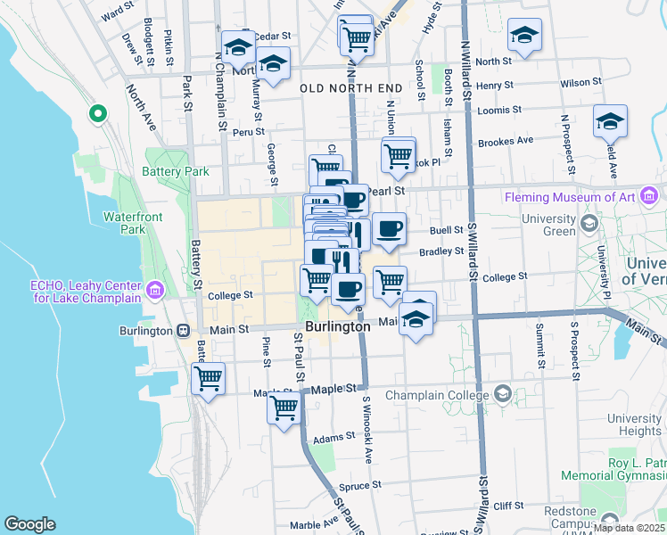 map of restaurants, bars, coffee shops, grocery stores, and more near 189 Bank Street in Burlington