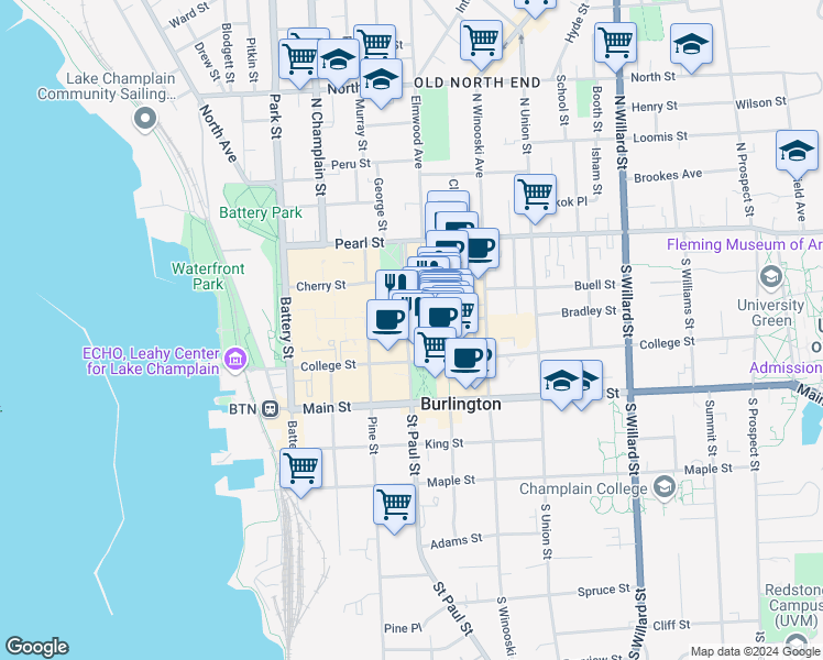 map of restaurants, bars, coffee shops, grocery stores, and more near 155 Bank Street in Burlington