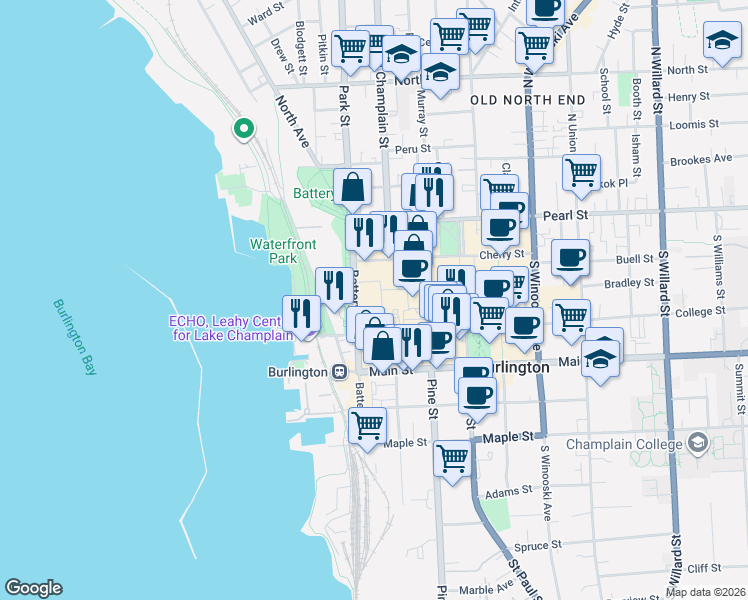 map of restaurants, bars, coffee shops, grocery stores, and more near 60 Battery Street in Burlington