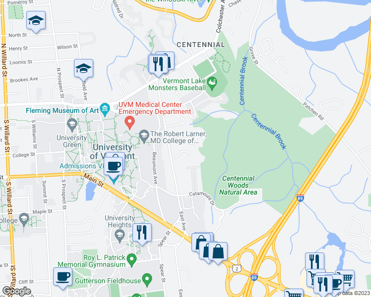 map of restaurants, bars, coffee shops, grocery stores, and more near 20 East Village Drive in Burlington