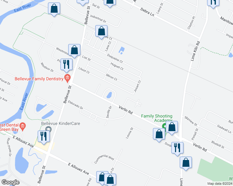 map of restaurants, bars, coffee shops, grocery stores, and more near 1 Villa Park Circle in Green Bay