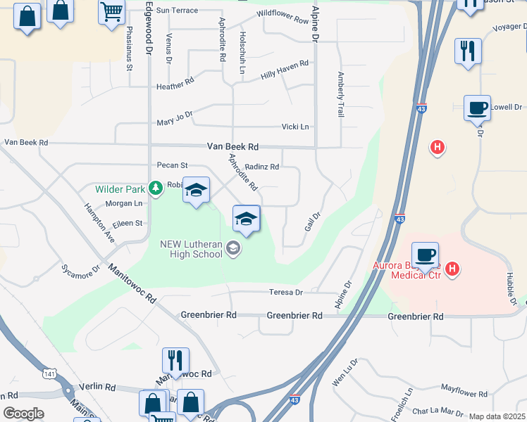map of restaurants, bars, coffee shops, grocery stores, and more near 2640 Pecan Street in Green Bay