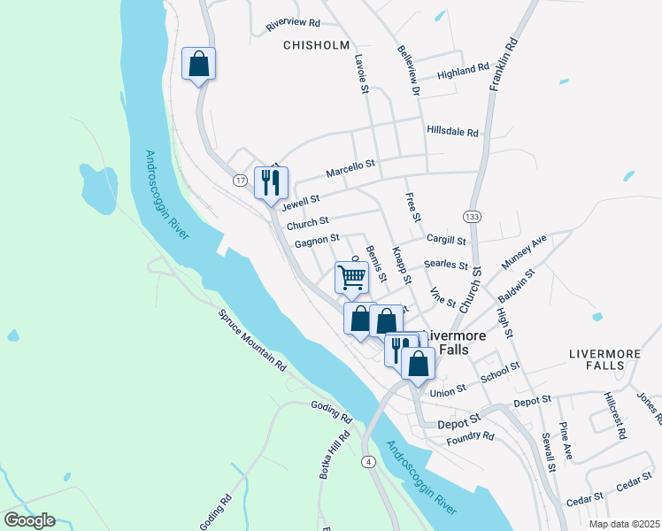 map of restaurants, bars, coffee shops, grocery stores, and more near 8 Gordon Street in Livermore Falls