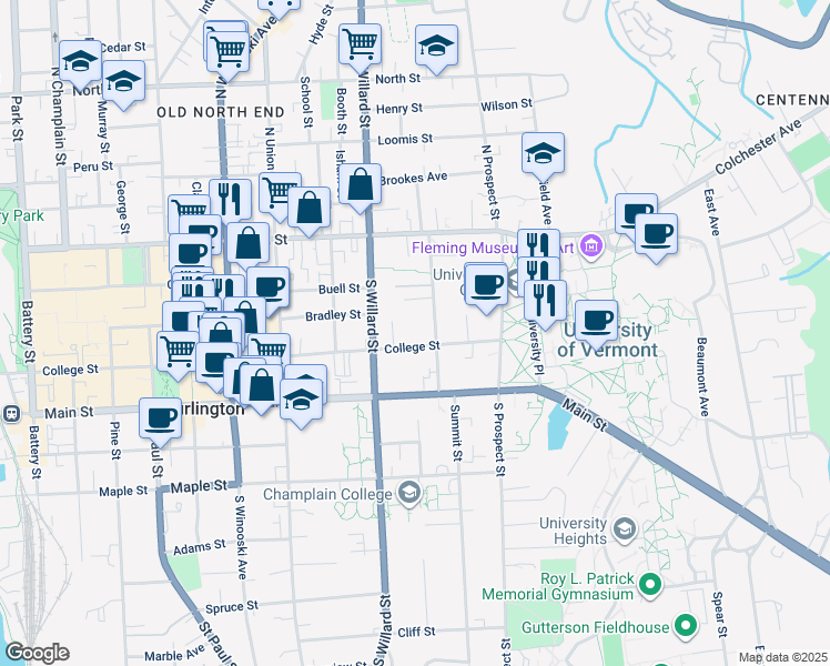 map of restaurants, bars, coffee shops, grocery stores, and more near 388 College Street in Burlington