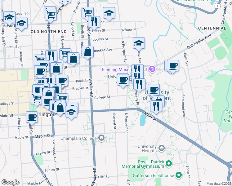 map of restaurants, bars, coffee shops, grocery stores, and more near 438 College Street in Burlington