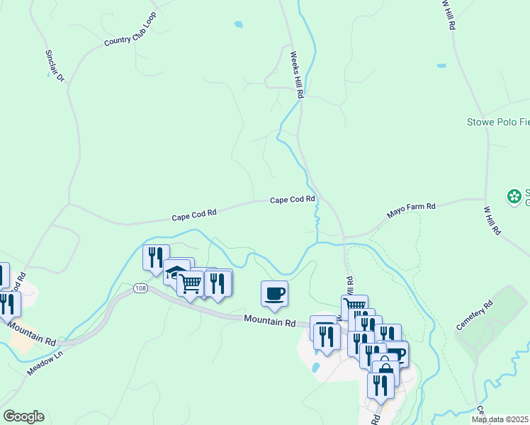 map of restaurants, bars, coffee shops, grocery stores, and more near 153 Cape Cod Road in Stowe