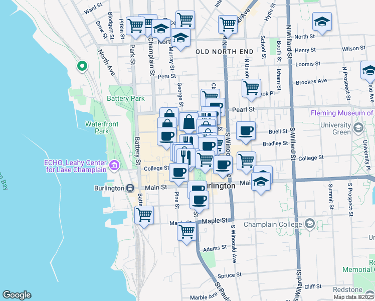 map of restaurants, bars, coffee shops, grocery stores, and more near 125 Bank Street in Burlington