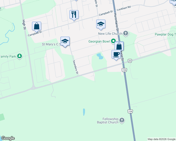 map of restaurants, bars, coffee shops, grocery stores, and more near 7704 Poplar Sideroad in Collingwood