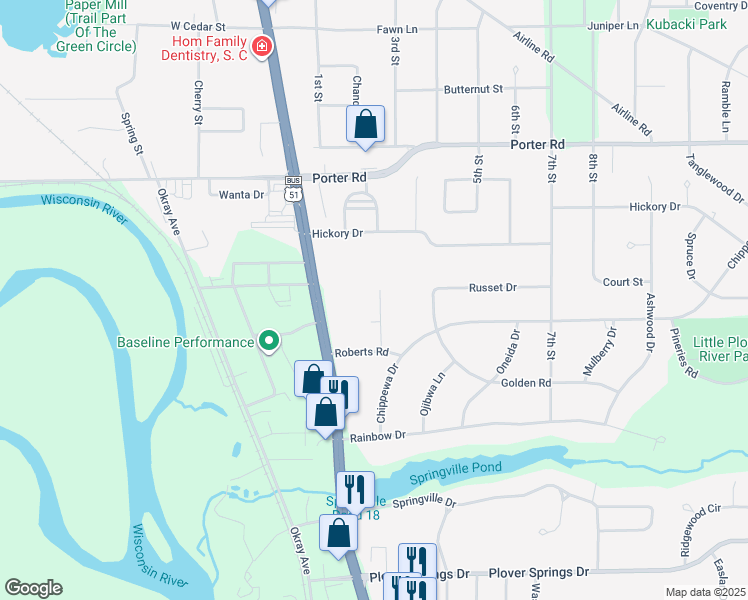 map of restaurants, bars, coffee shops, grocery stores, and more near 1321 Fox Lane in Plover