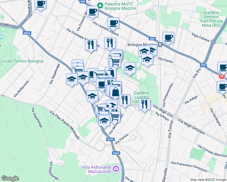map of restaurants, bars, coffee shops, grocery stores, and more near 20 Via Beniamino Gigli in Bologna