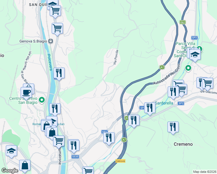 map of restaurants, bars, coffee shops, grocery stores, and more near 1S Via Porcile in Città Metropolitana di Genova