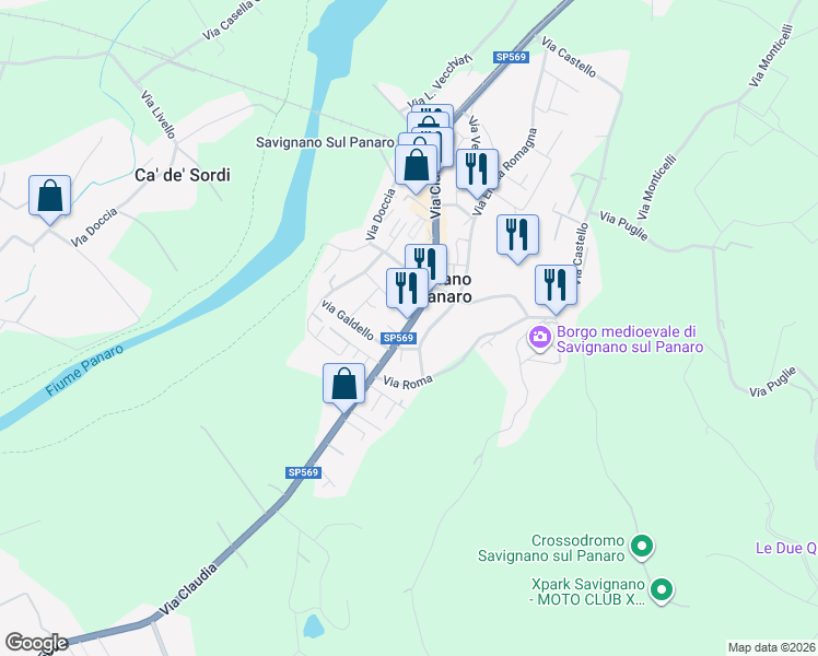 map of restaurants, bars, coffee shops, grocery stores, and more near 3861-3865 Via Claudia in Savignano Sul Panaro