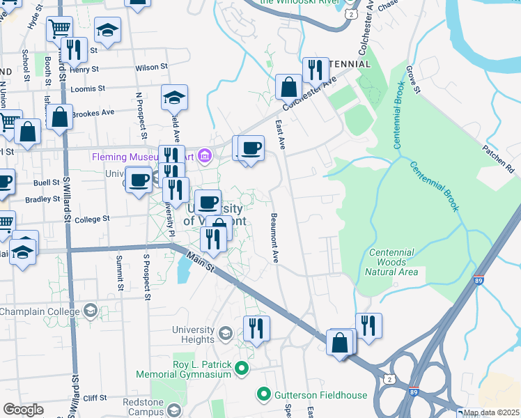 map of restaurants, bars, coffee shops, grocery stores, and more near 89 Beaumont Avenue in Burlington