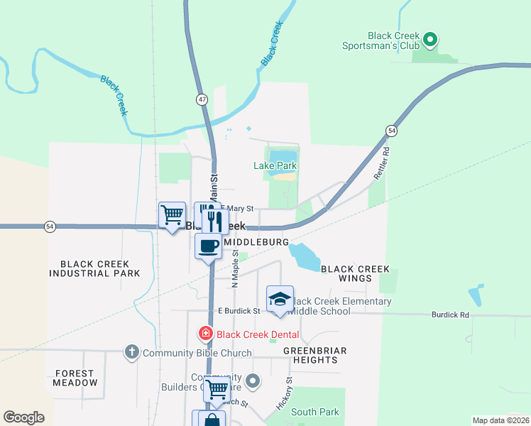 map of restaurants, bars, coffee shops, grocery stores, and more near 302 E Mary St in Black Creek