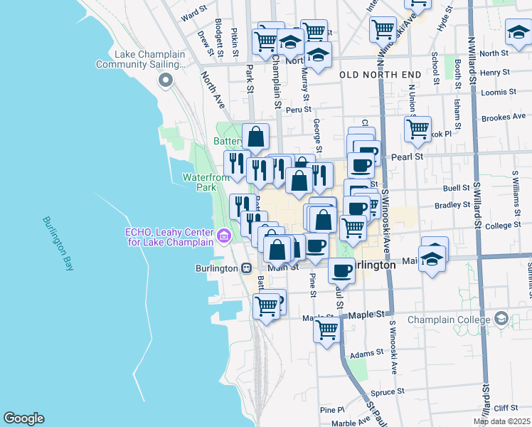 map of restaurants, bars, coffee shops, grocery stores, and more near 60 Battery Street in Burlington