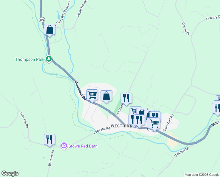 map of restaurants, bars, coffee shops, grocery stores, and more near 144 Mountainside Avenue in Stowe