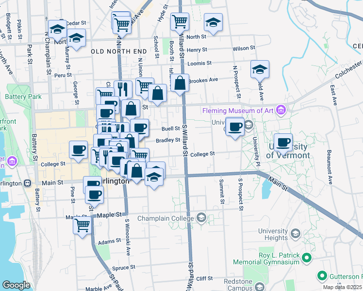 map of restaurants, bars, coffee shops, grocery stores, and more near 93 South Willard Street in Burlington