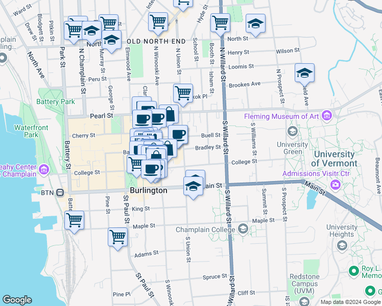 map of restaurants, bars, coffee shops, grocery stores, and more near 96 South Union Street in Burlington