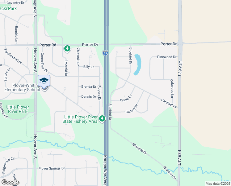 map of restaurants, bars, coffee shops, grocery stores, and more near 3943 Bluebird Drive in Stevens Point
